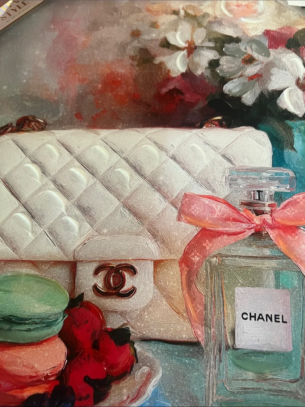 CHANEL White Quilted Handbag & Pastel Still Life Wall Art